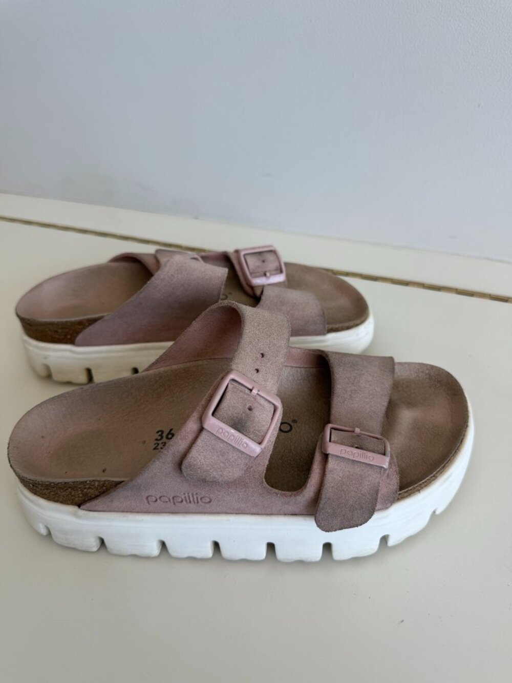 Papillio Birkenstock Arizona Chunky Pink Suede Platform Sandals 36